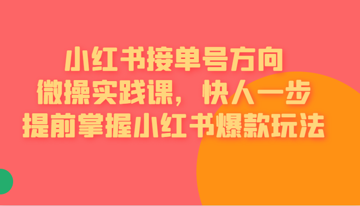[小红书]小红书接单号方向微操实践课，快人一步提前掌握小红书爆款玩法-创客聚集地