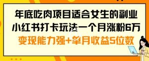 年底吃肉项目适合女生的副业小红书打卡玩法一个月涨粉6万+变现能力强+单月收益5位数-创客聚集地