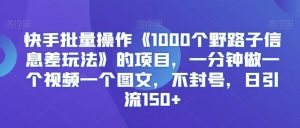 快手批量操作《1000个野路子信息差玩法》的项目，一分钟做一个视频一个图文，不封号，日引流150+【揭秘】-创客聚集地