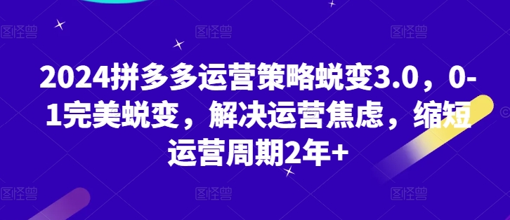 2024拼多多运营策略蜕变3.0，0-1完美蜕变，解决运营焦虑，缩短运营周期2年+-创客聚集地