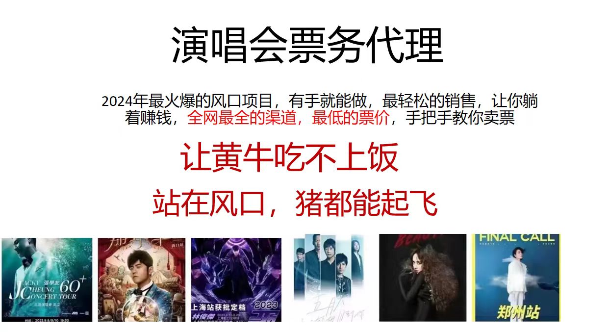 演唱会票务代理，2024年最火爆风口项目，全网最低的票价，小白一分钟上…-创客聚集地