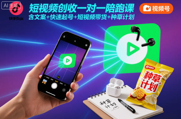 短视频创收一对一陪跑课，含文案+快速起号+短视频带货+种草计划-创客聚集地