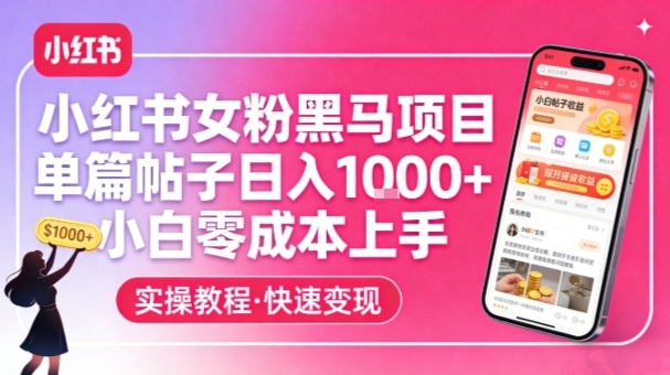 小红书女粉黑马项目，单篇帖子日入1k+，小白零成本上手-创客聚集地