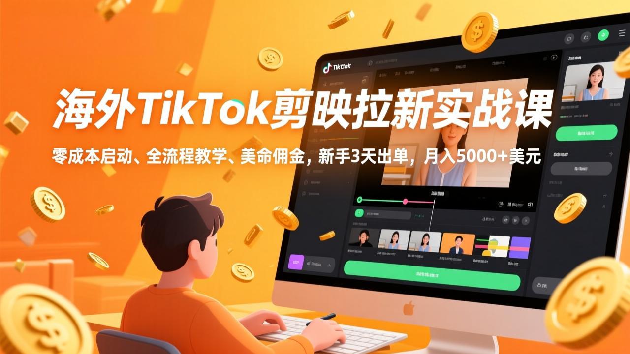 海外TikTok剪映拉新实战课，零成本启动、全流程教学、美金佣金，新手3天出单，月入5000+美元-创客聚集地
