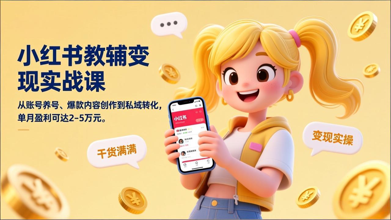 小红书教辅变现实战课，从账号养号、爆款内容创作到私域转化，单月盈利可达2-5万元-创客聚集地