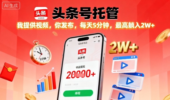 【头条号托管】我提供视频，你发布，每天5分钟，最高躺入2W+【揭秘】-创客聚集地