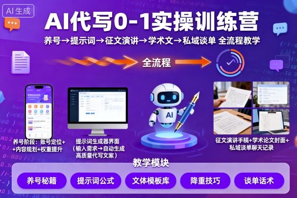 AI代写0-1实操训练营,从养号、提示词、征文演讲、学术文,到私域谈单的全流程教学-创客聚集地