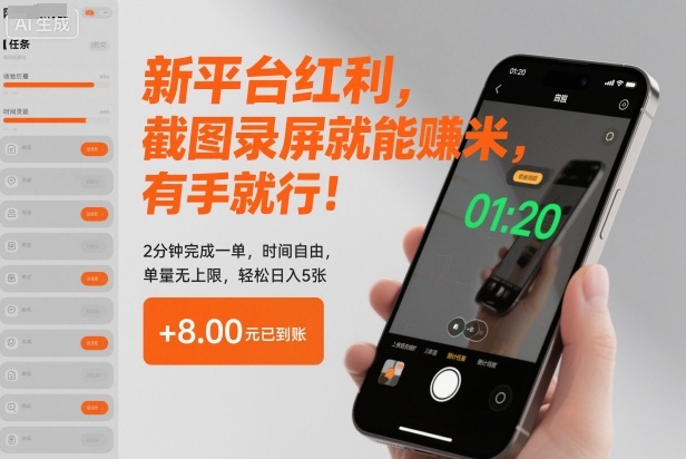 新平台红利，截图录屏就能賺米，有手就行！2分钟完成一单，时间自由，单量无上限，轻松日入5张【揭秘】-创客聚集地