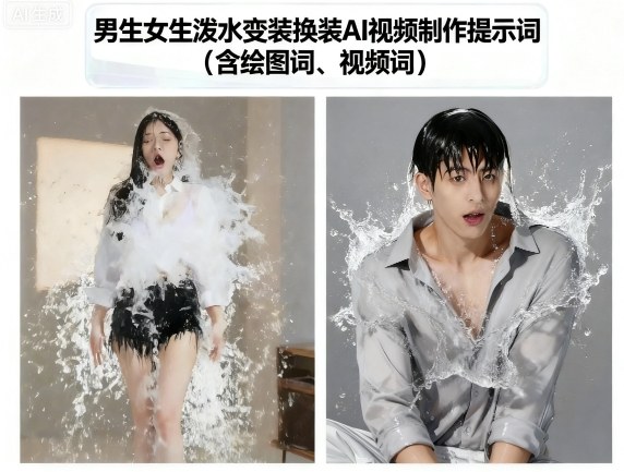 男生女生泼水变装换装AI视频制作提示词(含绘图词、视频词)-创客聚集地