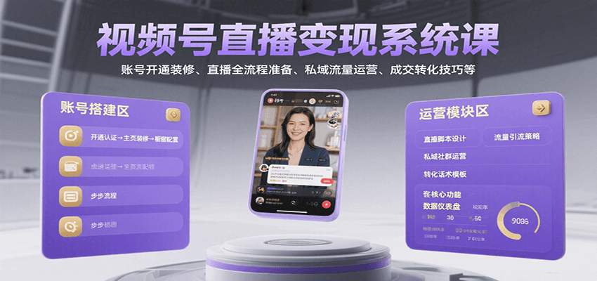 视频号直播变现系统课，账号开通装修、直播全流程准备、私域流量运营、成交转化技巧等-创客聚集地