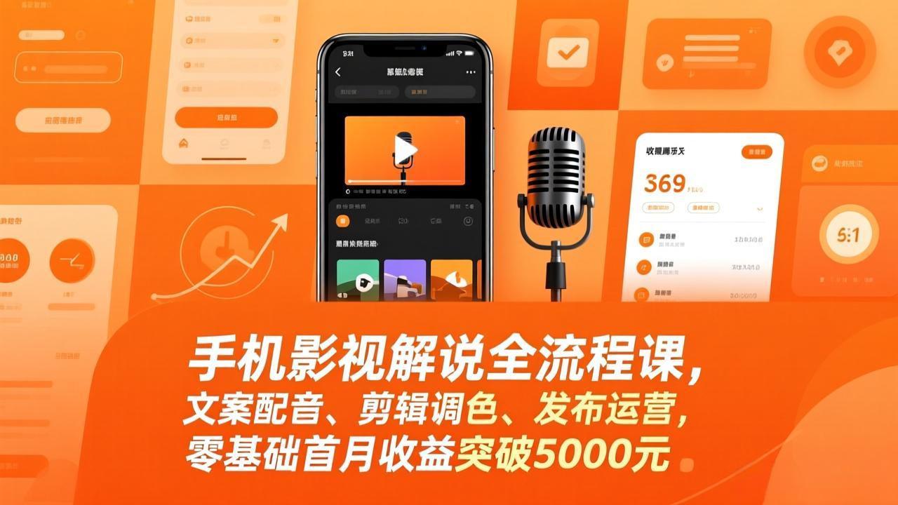 手机影视解说全流程课，文案配音、剪辑调色、发布运营，零基础首月收益突破5000元-创客聚集地