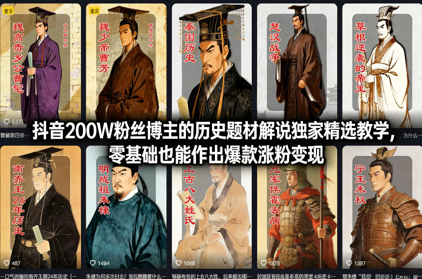 抖音200W粉丝博主的历史题材解说独家精选教学，零基础也能作出爆款涨粉变现-创客聚集地
