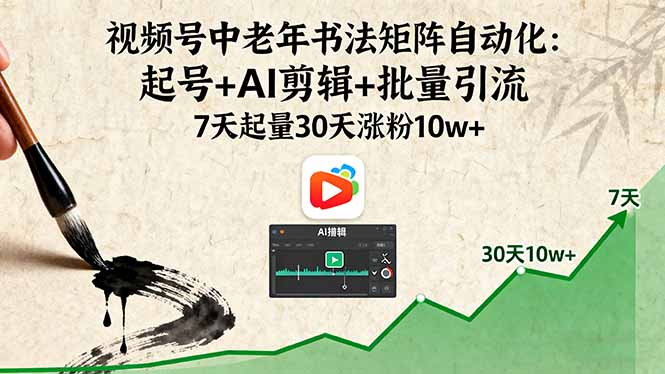 视频号中老年书法矩阵自动化：起号+AI剪辑+批量引流 7天起量30天涨粉10w+-创客聚集地