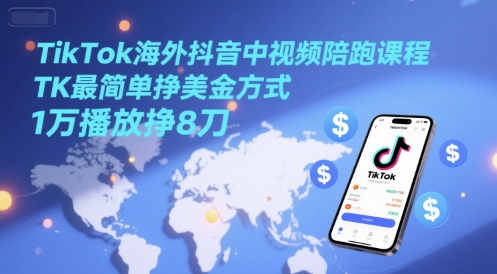 TikTok海外抖音中视频陪跑课程，TK最简单挣美金方式，1万播放挣8刀-创客聚集地