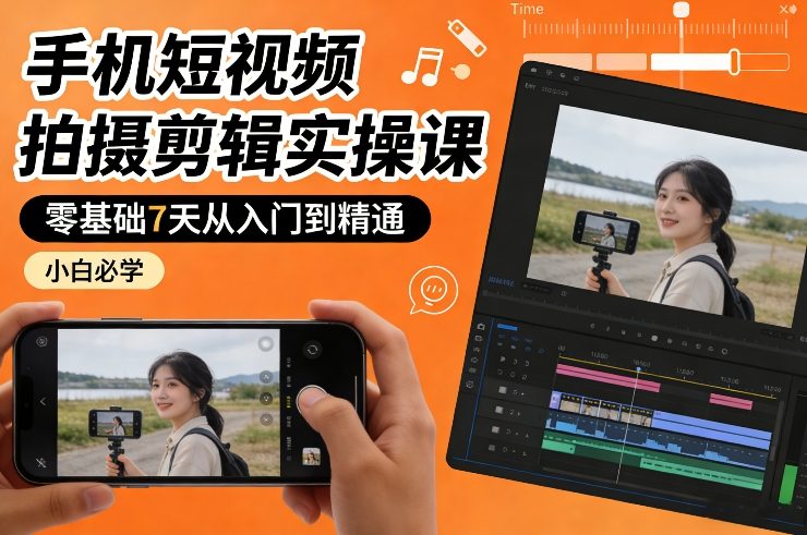 手机短视频拍摄剪辑实操课，零基础7天从入门到精通，小白必学-创客聚集地