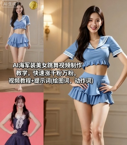 AI海军装美女跳舞视频制作教学，快速涨千粉万粉，视频教程+提示词(绘图词、动作词)-创客聚集地