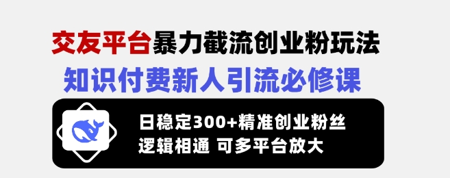 交友平台暴力截流创业粉玩法，知识付费新人引流必修课，日稳定300+精准创业粉丝，逻辑相通可多平台放大-创客聚集地