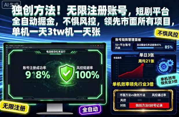 独创方法！无限注册账号，短剧平台全自动掘金，不惧风控，领先市面所有项目，单机一天3张【揭秘】-创客聚集地