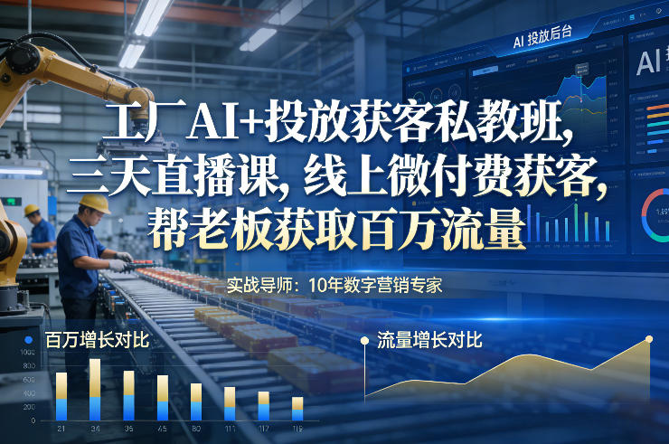 工厂AI+投放获客私教班，三天直播课，线上微付费获客，帮老板获取百万流量-创客聚集地