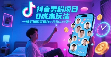 抖音男粉项目0成本玩法，一部手机即可操作，日均4张+，时间自由-创客聚集地