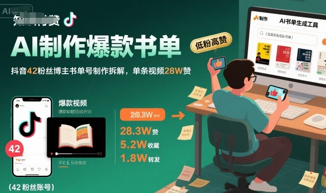 AI制作爆款书单，抖音42粉丝博主书单号制作拆解，单条视频28W赞-创客聚集地