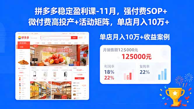 拼多多稳定盈利课-11月，强付费SOP+微付费高投产+活动矩阵，单店月入10万+-创客聚集地
