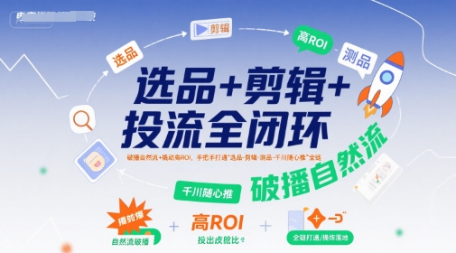 选品+剪辑+投流全闭环，破播自然流+撬动高ROI，手把手打通“选品-剪辑-测品-千川随心推”全链-创客聚集地