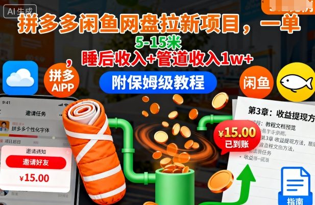 拼多多闲鱼网盘拉新项目，一单5-15米，睡后收入+管道收入1w+(附保姆级教程)-创客聚集地