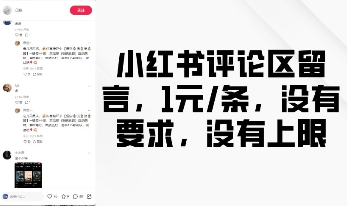 小红书评论区留言，1元条，没有要求，没有上限-创客聚集地