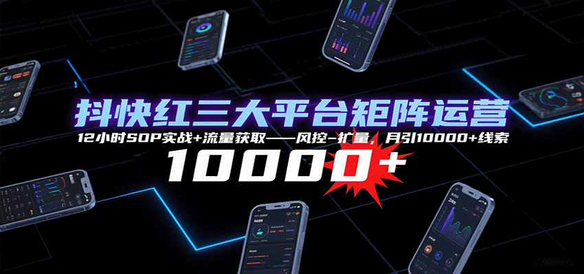 抖快红三大平台矩阵运营，12小时SOP实战+流量获取-风控-扩量，月引10000+线索-创客聚集地