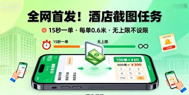 全网首发！酒店截图任务，15秒一单，每单0.6米，任务无上限不设限，矩阵操作单日3张到手【揭秘】-创客聚集地