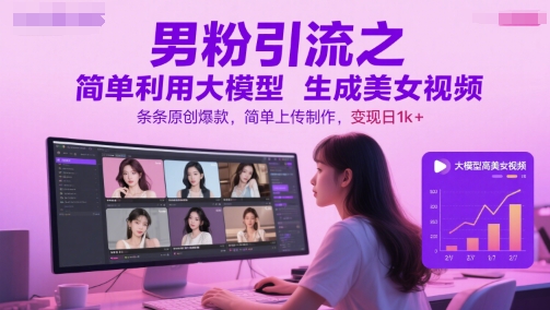 男粉引流之简单利用大模型生成美女视频，条条原创爆款，简单上传制作，变现日1k+-创客聚集地