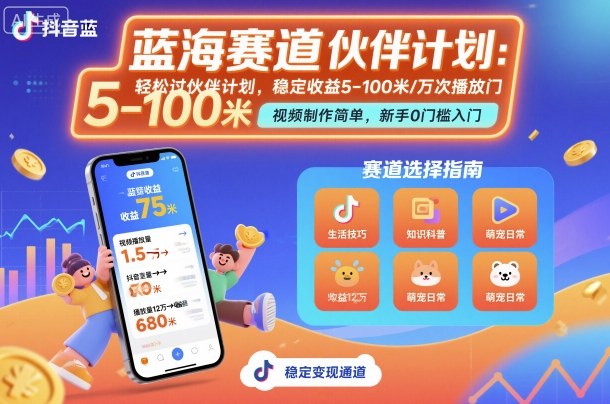 抖音蓝海赛道，轻松过伙伴计划，视频制作简单，万次播放收益在5-100米，稳定收益-创客聚集地