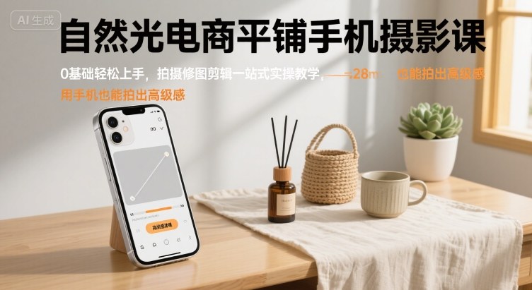 自然光电商平铺手机摄影课，0基础轻松上手，拍摄修图剪辑一站式实操教学，用手机也能拍出高级感-创客聚集地