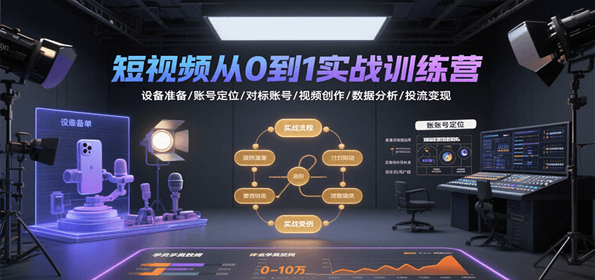 短视频从0到1实战训练营：设备准备/账号定位/对标账号/视频创作/数据分析/投流变现-创客聚集地