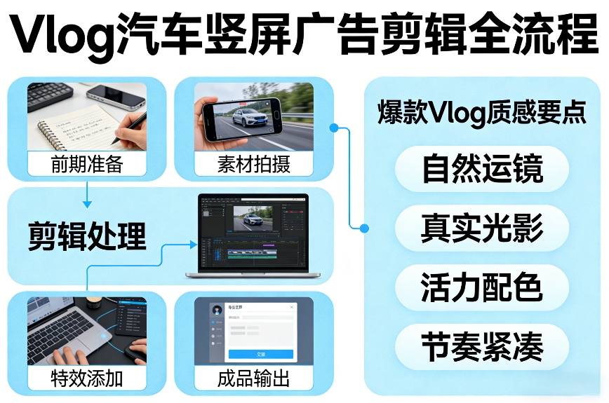 Vlog感觉汽车竖屏广告剪辑脚本全流程，拿捏爆款Vlog质感-创客聚集地