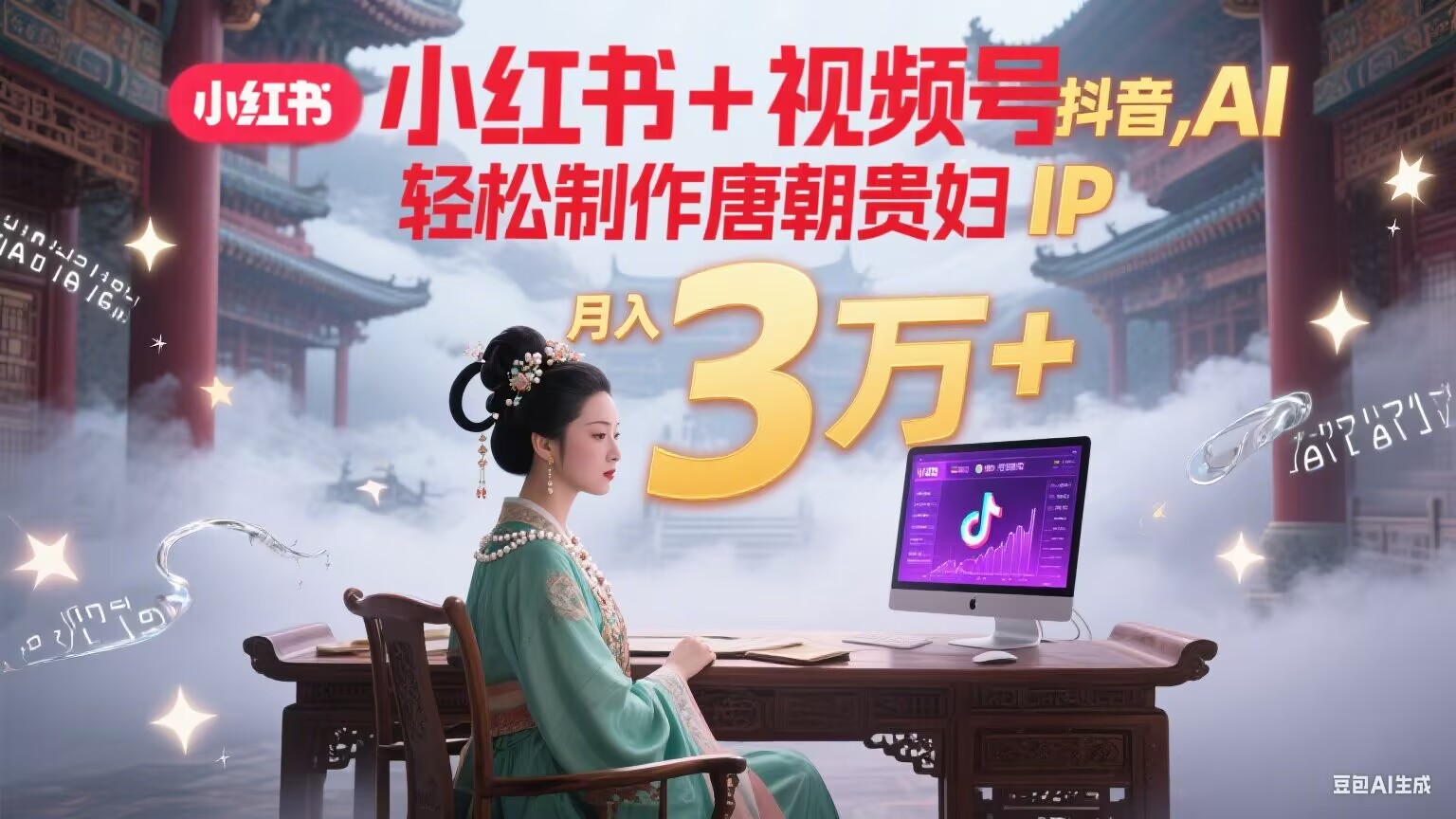 小红书+视频号+抖音，AI轻松制作唐朝贵妇IP，毒鸡汤、励志、减肥瘦身、养生赛道轻松切入，每天30分钟，轻松产出N条，月入3万+-创客聚集地