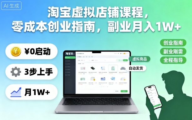 淘宝虚拟店铺课程，零成本创业指南，副业月入1W+-创客聚集地
