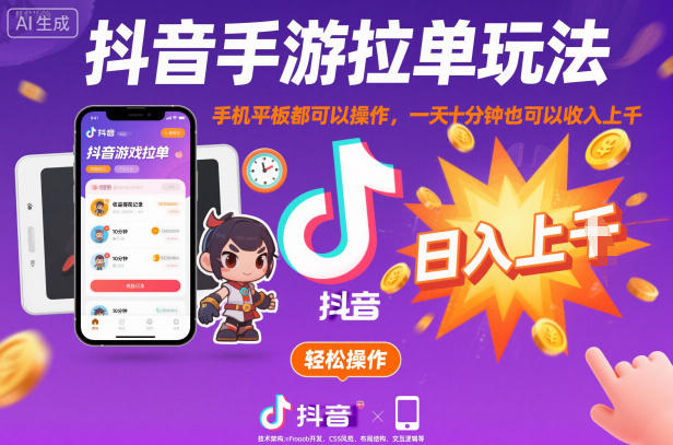 抖音手游拉单玩法，手机平板都可以操作，一天十分钟也可以收入上K【揭秘】-创客聚集地