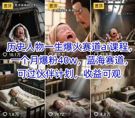 历史人物一生爆火赛道ai课程，一个月爆粉40w，蓝海赛道，可过伙伴计划，收益可观-创客聚集地