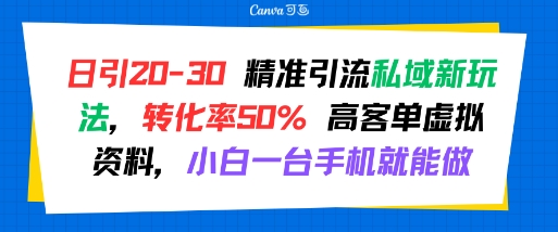 日引 20-30 精准引流私域新玩法，转化率50% 高客单虚拟资料，小白一台手机就能做-创客聚集地