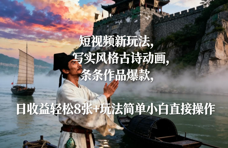 短视频新玩法，写实风格古诗动画，条条作品爆款，日收益轻松8张+玩法简单小白直接操作-创客聚集地