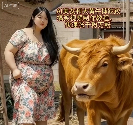 AI美女和大黄牛摔跤搞笑荒诞视频制作教程，快速涨千粉万粉-创客聚集地