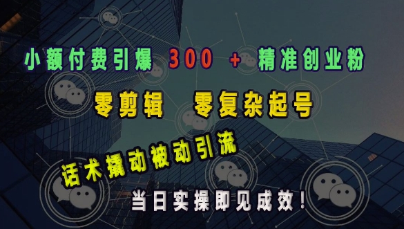 小额付费引爆 300 + 精准创业粉，零剪辑、零复杂起号，话术撬动被动引流，当日实操即见成效-创客聚集地