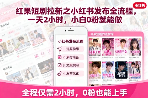 红果短剧拉新之小红书发布全流程，一天2小时，小白0粉就能做-创客聚集地