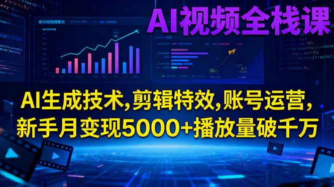 AI视频全栈课:AI生成技术,剪辑特效,账号运营,新手月变现5000+播放量破千万-创客聚集地