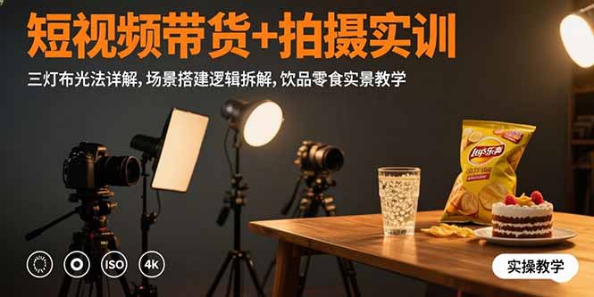 短视频带货+拍摄实训：三灯布光法详解,场景搭建逻辑拆解,饮品零食实景教学-创客聚集地