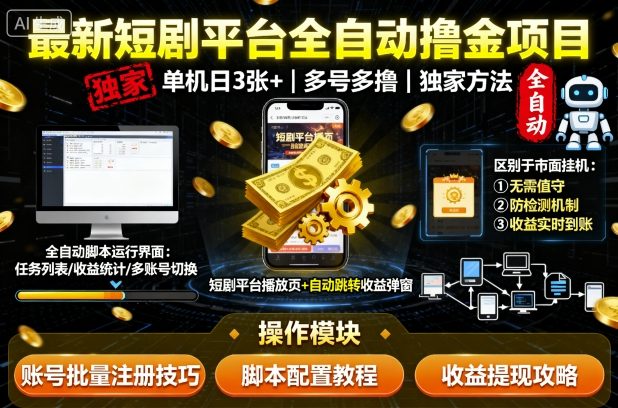 最新短剧平台全自动挂G撸金项目，单机一天3张+，多号多撸，区别于市面所有挂机项目，独家方法【揭秘】-创客聚集地