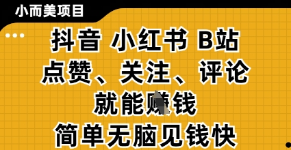 小而美的项目，抖音小红书B站视频点赞、关注、评论就能挣钱，简单无脑立见收益，妥妥的零撸项目【揭秘】-创客聚集地