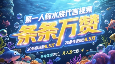 第一人称水族代言视频，条条万赞，20条作品涨粉7.8W，多种变现方式月入五位数-创客聚集地